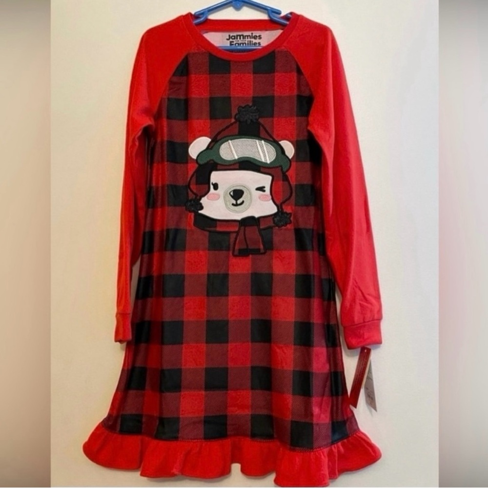 NWT Cuddl Duds 7/8 Kids Red Plaid Bear Nightgown & matching 18” doll nightgown